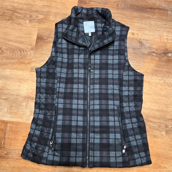 Lemon Tart Jackets & Blazers - Lemon Tart Black and Gray Quilted Plaid Vest with High Collar Medium